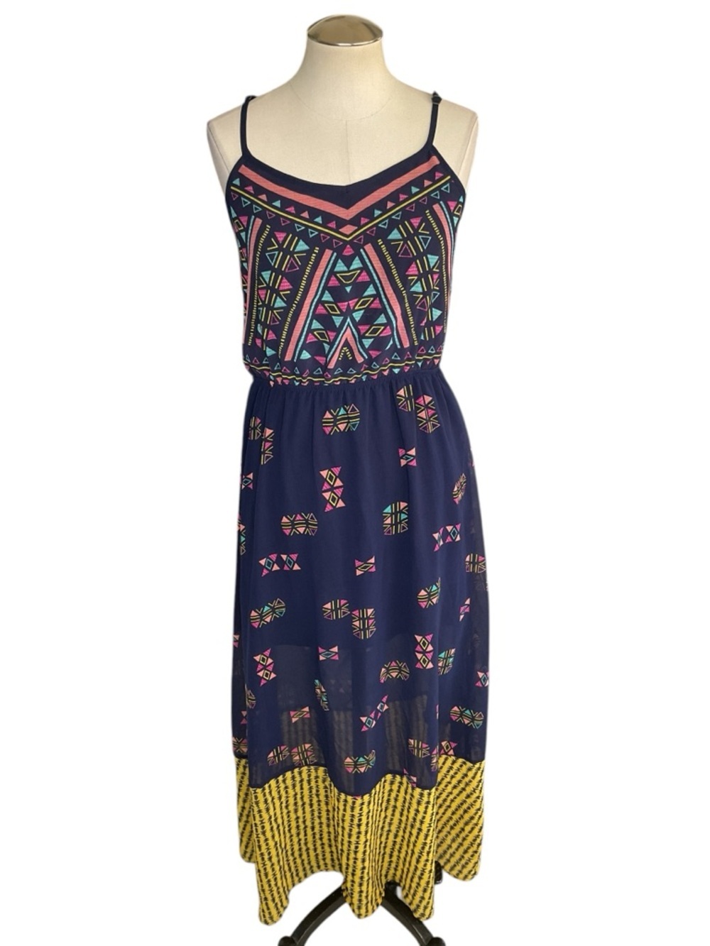 Xhilaration Boho Midi Dress Geometric Print Strappy Navy Size M - Picture 3 of 8